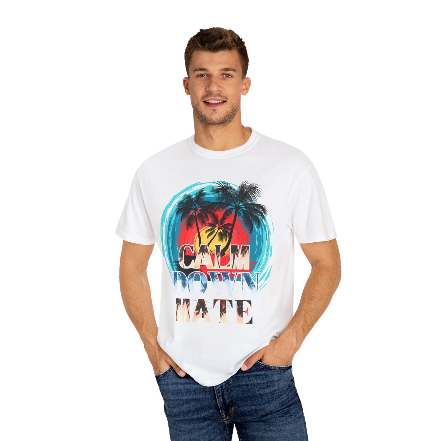 Calm Down Mate Unisex Garment-Dyed T-Shirt - Fun Graphic Tee for Relaxed Vibes